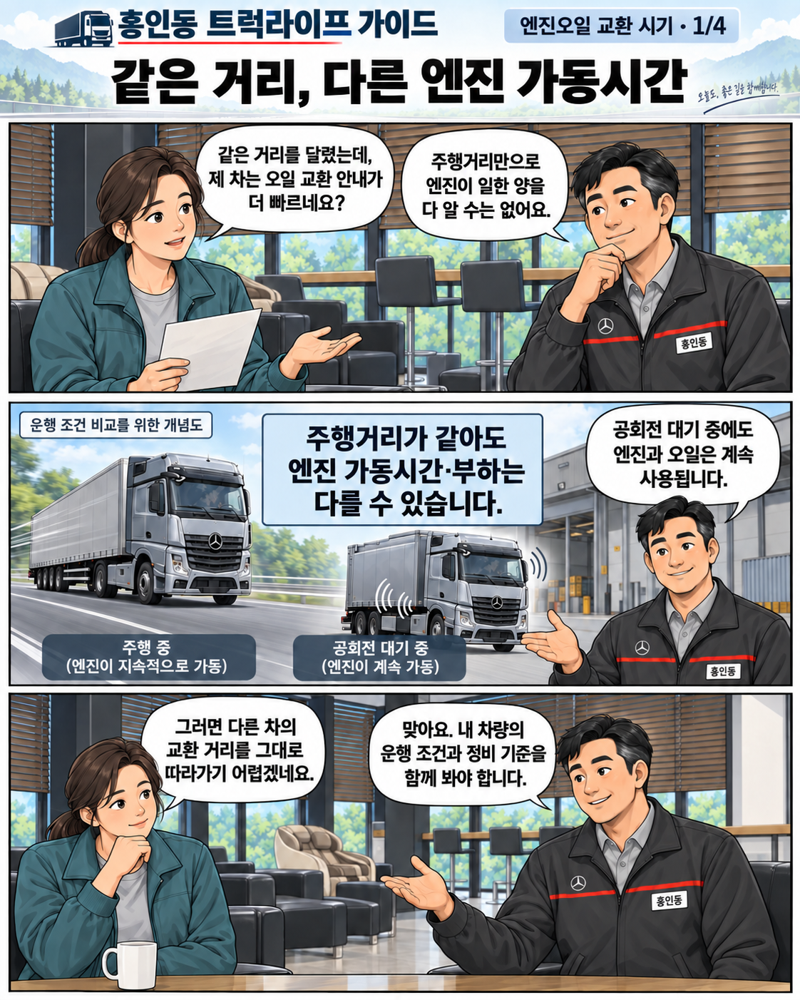 같은 거리, 다른 엔진 가동시간 내용을 설명하는 홍인동 트럭라이프 가이드 만화