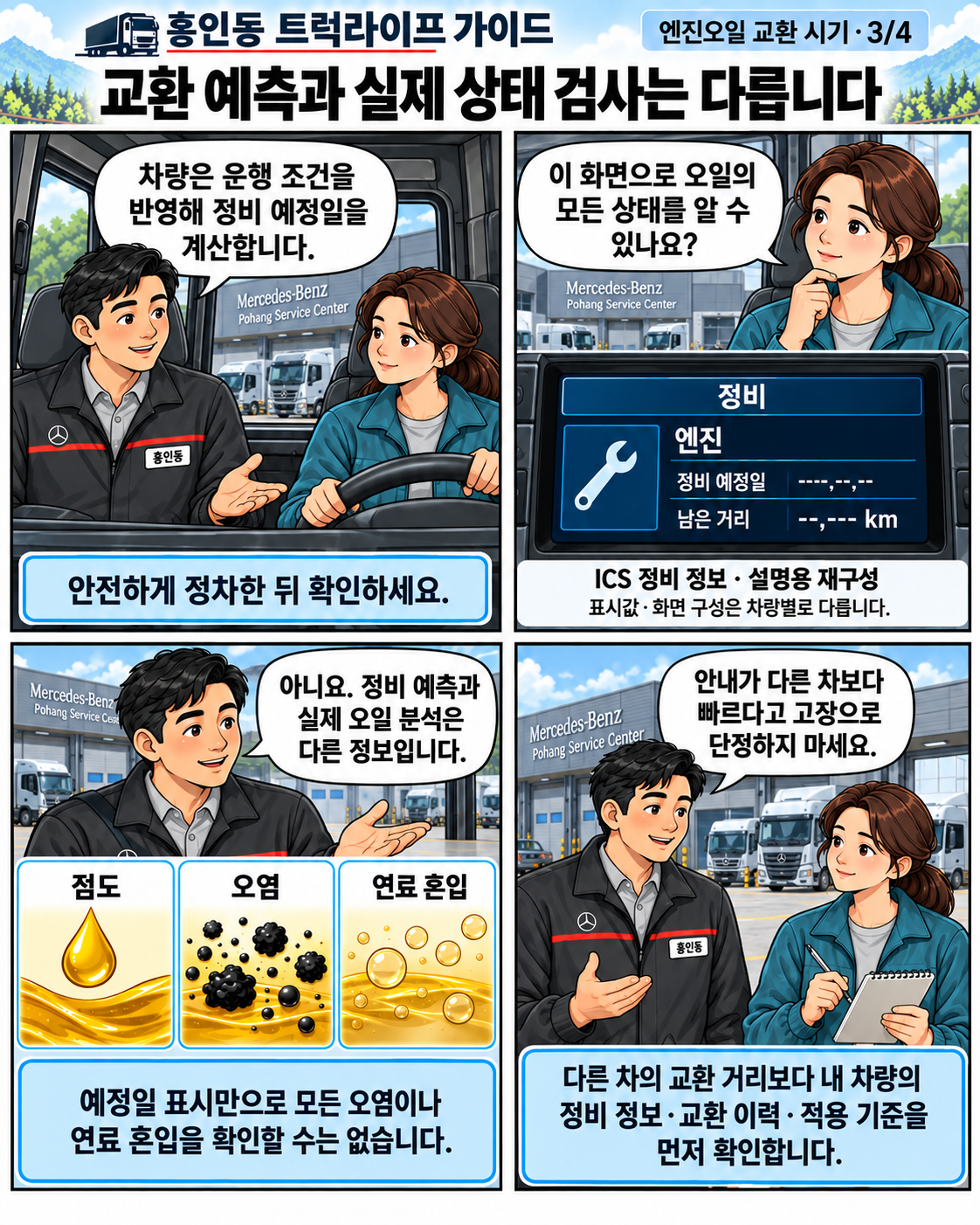 홍인동과 여성 트러커가 차량 정비 예측, ICS 설명용 화면, 실제 오일 분석과 정비 이력을 네 개의 독립된 컷으로 살펴보는 만화.