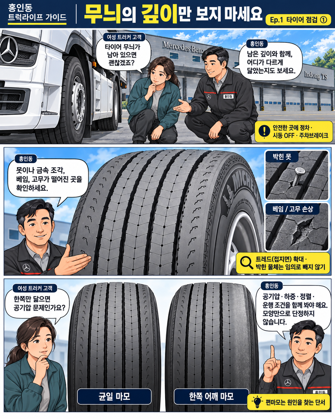 홍인동과 여성 트러커가 접지면 이물질을 살피고 균일 마모와 한쪽 어깨 마모를 비교하는 만화