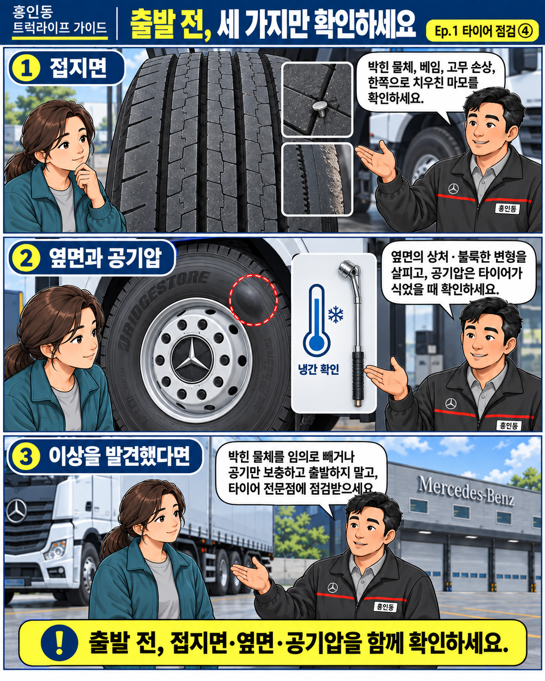 접지면·옆면·냉간 공기압 확인과 이상 발견 시 타이어 전문점 점검을 정리하는 만화